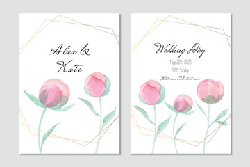 Vector wedding invitation with watercolor peonies and golden frame - 599796838