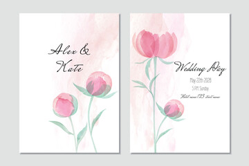 Vector wedding invitation with peonies and watercolor background