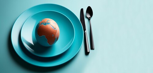 A globe on a blue plate with fork and spoon. Genarative ai