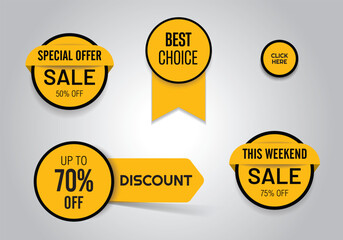 Sale button set for website and print, yellow discount icons. offer tag collection, Sale sticker set, Vector elements, eps10