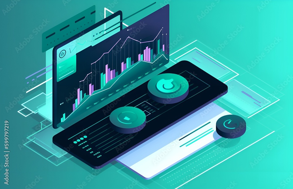Poster illustration in a teal color scheme representing website traffic,analytic,chart view integration ,ch