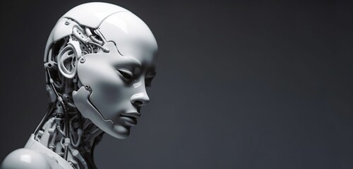 face of artificial robot woman with grey background. Genarative ai