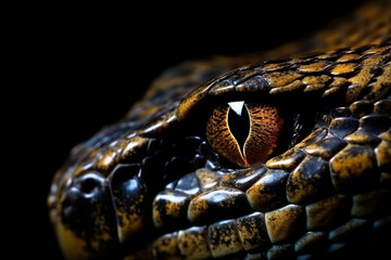 Fototapeta premium Close up of a snake eye, vivid, bold, isolated on black.