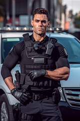 A male police agent wearing a uniform and bulletproof is standing in front of a police car. The environment is a city street with buildings and people in the background - ai generative - obrazy, fototapety, plakaty