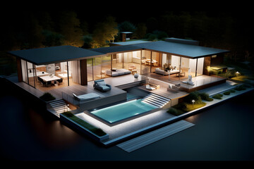 3d model of a residential building with swimming pool. Created with generative AI technology.
