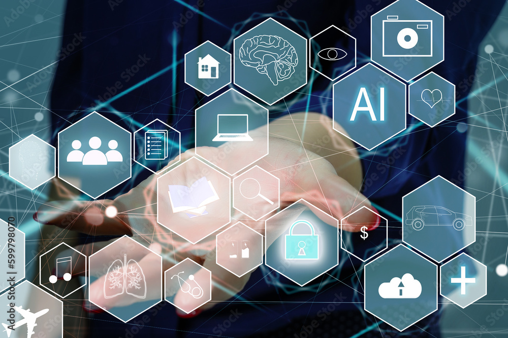 Poster ai tech, businessman show virtual graphic global internet connect chatgpt chat with ai, artificial i
