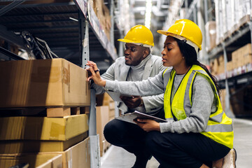 Portrait african american engineer team shipping order detail on tablet export and import,goods,factory,warehouse,international trade,transportation,cargo ship,logistic,distribution.business industry
