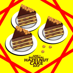 Three pieces of chocolate cake topped with hazelnuts with bold text in frame on yellow background to celebrate National Hazelnut Cake Day on June 1