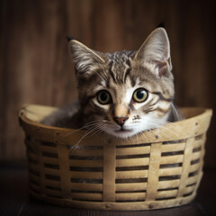 Adorable Feline Curiosity with Tabby Cat Kitten in Basket - Photo Art Created with Generative AI and Other Techniques