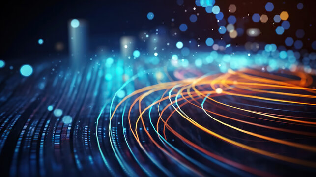 Modern digital abstract 3D background. Can be used in the description of network abilities, technological processes, digital storages, science, education, etc. Copy space. Based on Generative AI