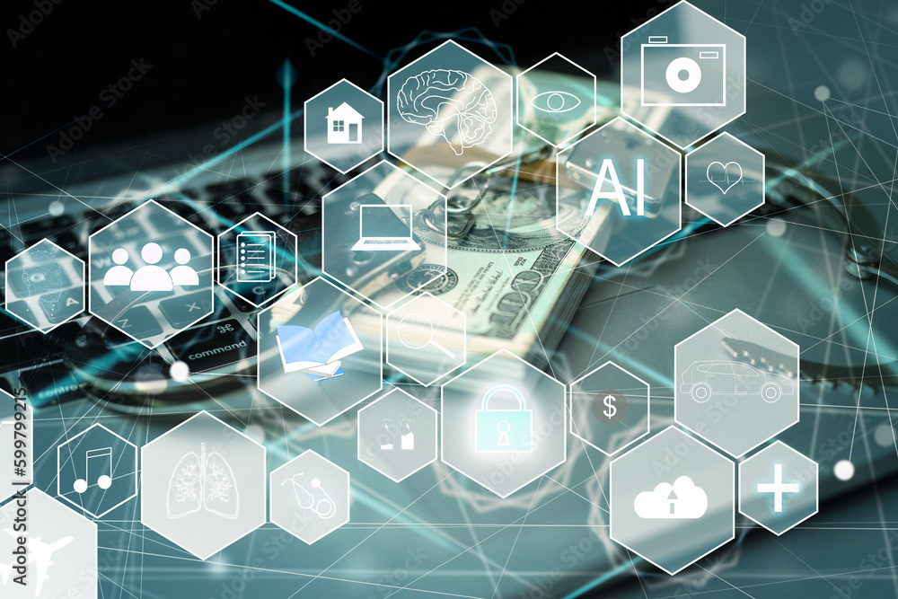 Poster ai (artificial intelligence) concept. electronic circuit. communication network.
