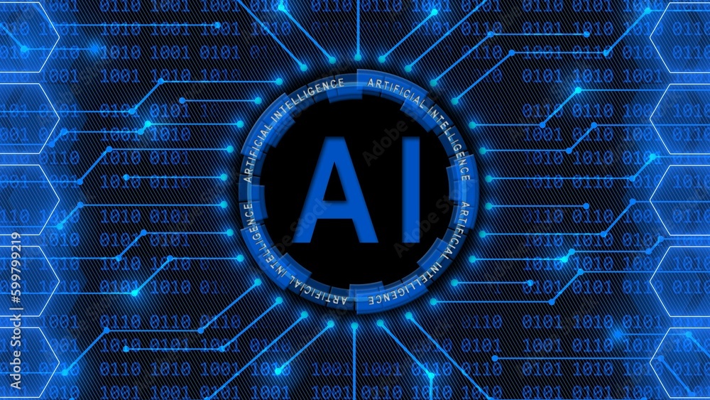 Poster Artificial intelligence AI lettering - abstract background of 4-digit binary code behind information connecting lines between honeycomb elements - information technology concept - 3D Illustration