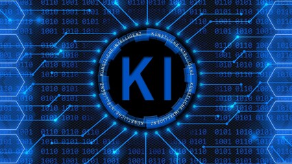 Artificial intelligence (in german Kuenstliche Intelligenz) KI lettering - abstract background of 4-digit binary code behind information connecting lines between honeycomb elements - 3D Illustration