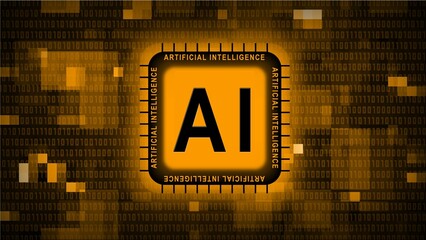 Artificial intelligence AI lettering on chip - orange abstract background of blurred binary code - information technology concept - 3D Illustration