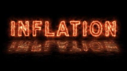 INFLATION - flamed lettering on dark background with reflections on the floor - 3D Illustration
