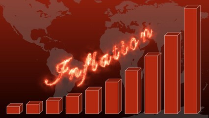 INFLATION - flamed lettering over business growth bar graph on blurred world map background - 3D Illustration