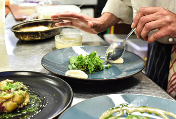 Chef working in busy kitchen preparing meals