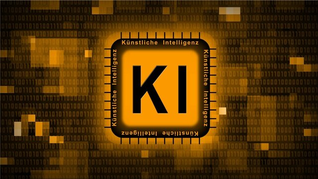 Artificial intelligence (in german Kuenstliche Intelligenz) KI lettering on chip - orange abstract background of blurred binary code - information technology concept - 3D Illustration