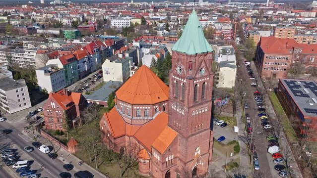 Drone shot of Maria, Hilfe der Christen (Mary, help of the Christians ) . It is a Roman Catholic parish church in the Berlin district of Spandau , Germany