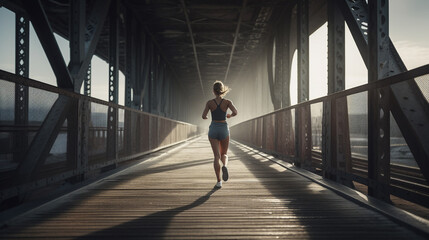 woman running on a bridge with the sun shining through the fog. Generative Ai