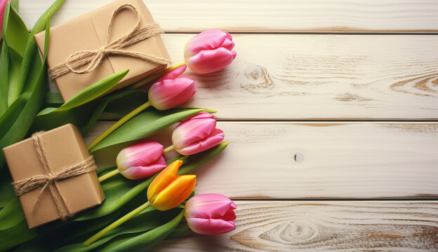 Mother's Day, woman's day. tulips present on wooden background