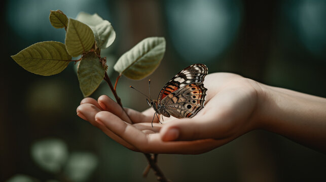 butterfly sits on a hand with a leaf on it. Generative Ai