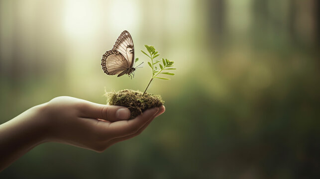 person holding a plant with a butterfly on it . Generative Ai