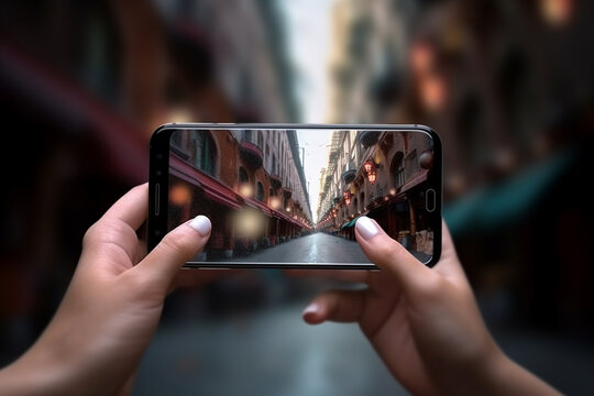  person holding a phone that has a picture of a street on it. Generative Ai