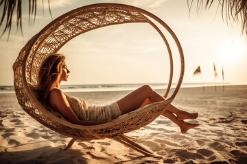 woman sitting in a hammock on the beach at sunset. Generative Ai