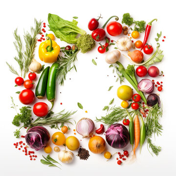 circle of vegetables and herbs on a white background