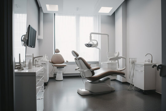 dentist 's office with a chair , television , and other equipment. Generative Ai