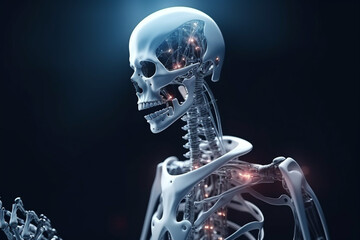  close up of a skeleton with a glowing head and neck. Generative Ai