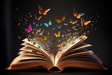 Open book with colorful butterflies flying out of the pages (Generative AI)