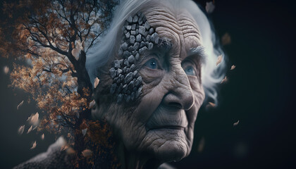 Concept dementia, memory loss. Senior old woman losing parts of head as symbol of decreased mind function. Generation AI