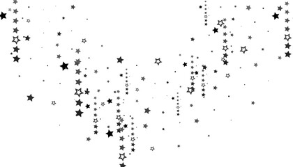 Flying confetti stars. Black, white colours. Festive background. Black stars on white background. Design element. Vector illustration, eps 10.