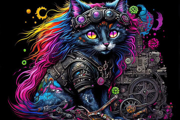 Cute gothic steampunk cat illustration (Generative AI)