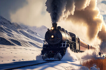 Steam train driving in winter landscape through snow (Generative AI)
