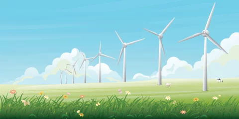 Fotobehang Countryside fields landscape with wind turbines and blue sky background flat design vector illustration. Sustainable renewable green energy concept.  © Wasitt