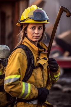 A female firefighter in a yellow uniform and helmet, carrying an axe in her hand and standing in front of a charred house, with serious expression - ai generative