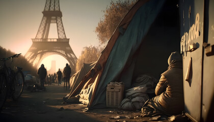 Refugee tent camp around Eiffel Tower in Paris city France, sun light. Concept of illegal immigrant of people to Europe. Generation AI