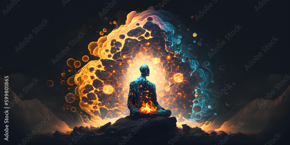 Wall mural astral yoga silhouette of human in cosmic space meditate. practicing transcendental spiritual medita
