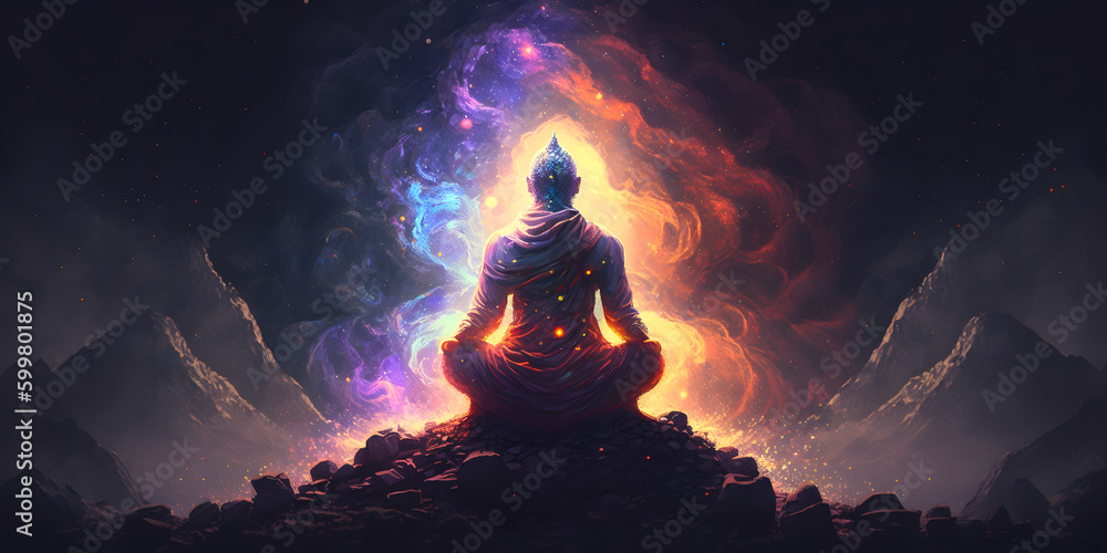 Wall mural astral yoga silhouette of human in cosmic space meditate. practicing transcendental spiritual medita