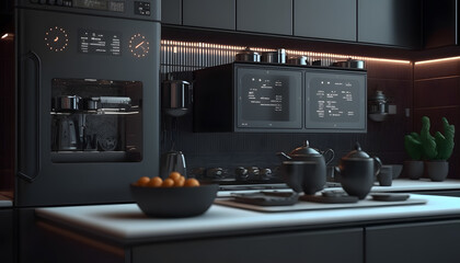 Remote automation home control system on digital tablet, Smart kitchen concept. Generation AI