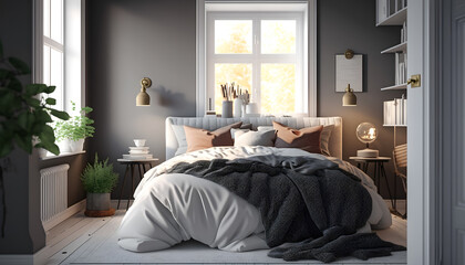 Modern Scandinavian bedroom, wooden bed in minimal interior. Generation AI