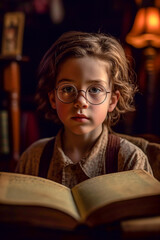 Portrait of a little boy reading an adventure book - ai generative