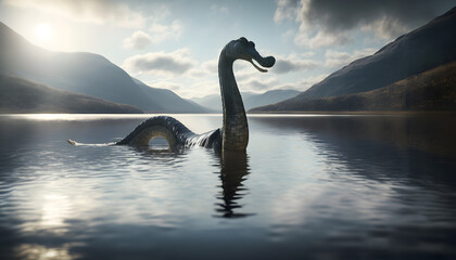 Loch Ness Monster Nessie in water lake. Generation AI