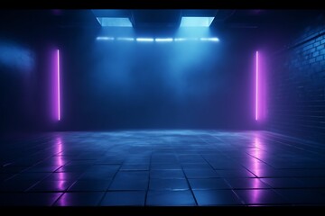 neon light smoke background blue abstract rays room fog space hall. Generative AI.