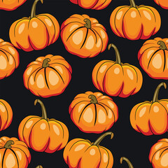 Seamless pattern with halloween pumpkins on color background. Scary and funny faces. Cute Pumpkin or ghost. Vector autumn holidays illustration