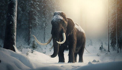 Woolly mammoth with sunlight, prehistoric animal in landscape frozen forest ice age. Generation AI - obrazy, fototapety, plakaty