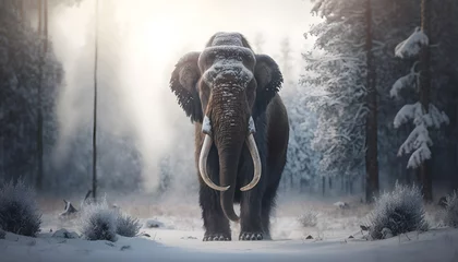 Fototapeten Woolly mammoth with sunlight, prehistoric animal in landscape frozen forest ice age. Generation AI © Adin